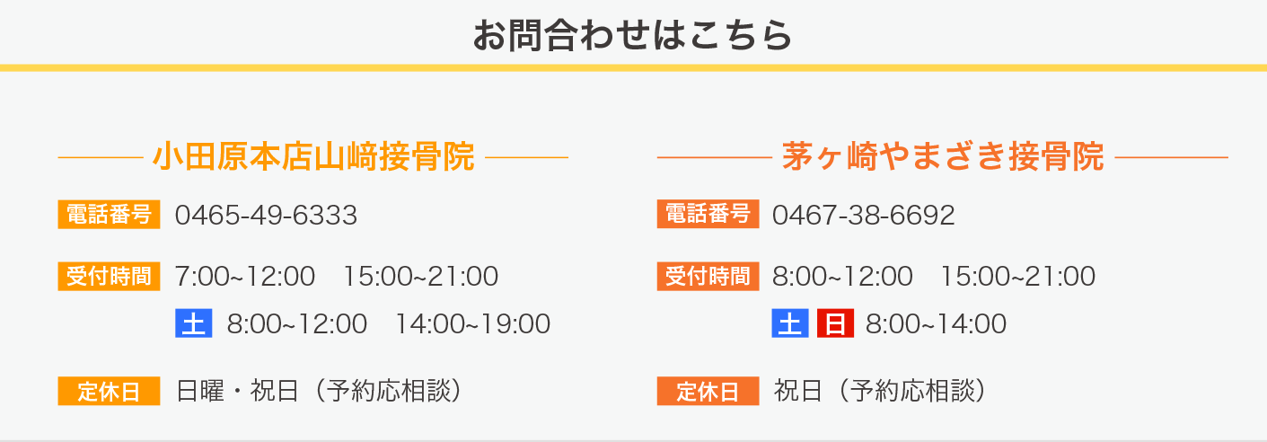 小田原本店山﨑接骨院：0465-49-6333・茅ヶ崎やまざき接骨院：0467-38-6692